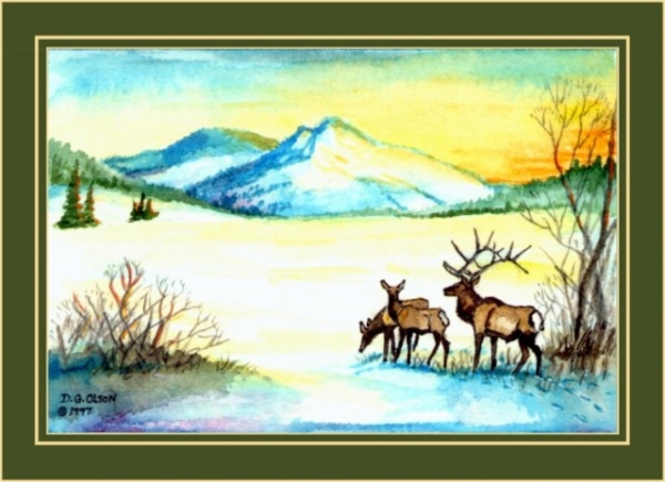 WINTER ELK WATERCOLOR 1997